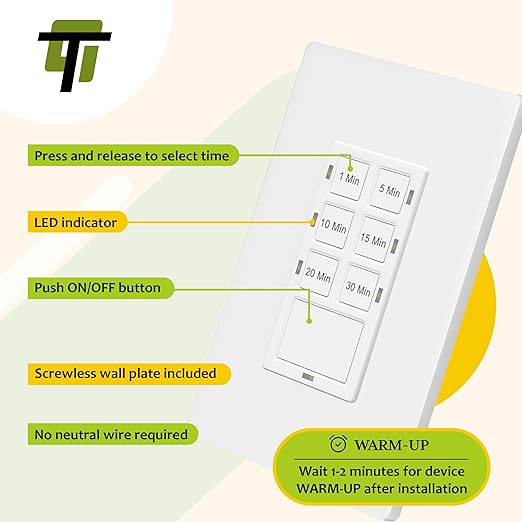 TG 30-Minute No Neutral Wire Countdown Timer Switch, 1-5-10-15-20-30 Min (2 P...