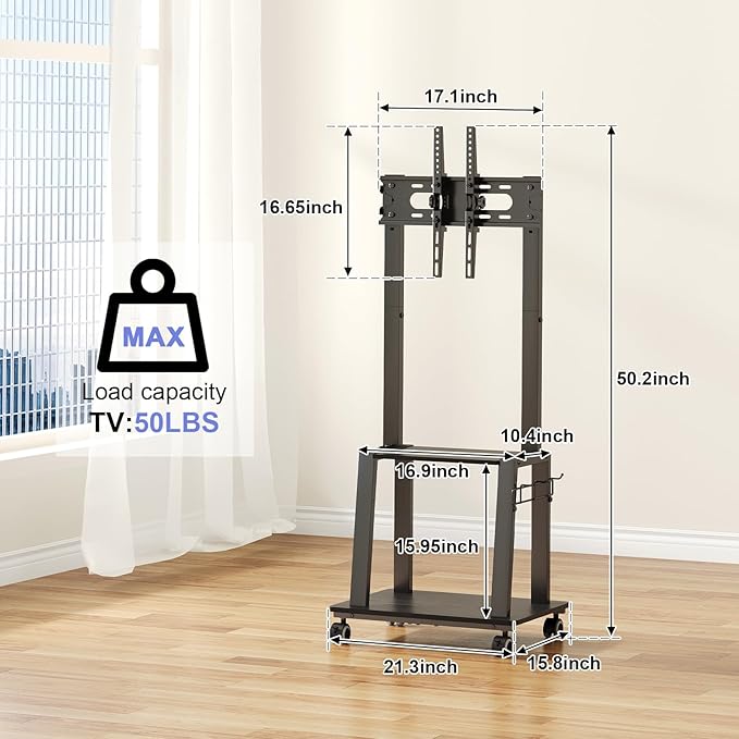 Rolling TV Stand on Wheels for 23-60Inch Flat/Curved Screen TVs, Tilt Mobile TV