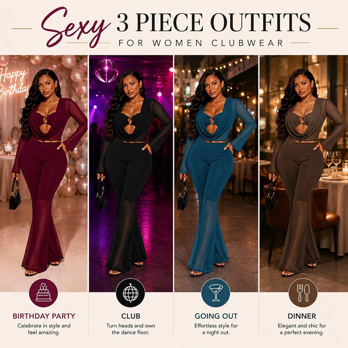 Kafiloe Sexy Mesh 3 Piece Outfits for Women Club Outfits Going Out Sets