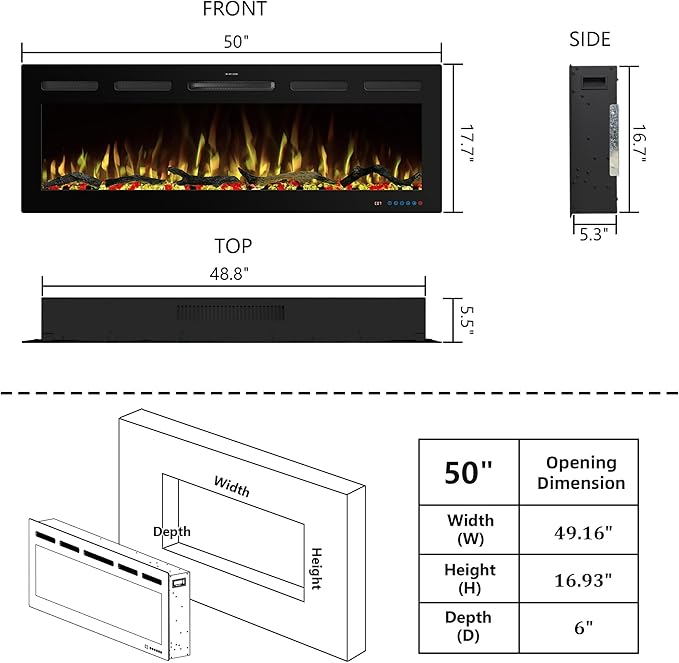 50" WiFi Electric Fireplace Inserts, Recessed and Wall Mounted Fireplace...