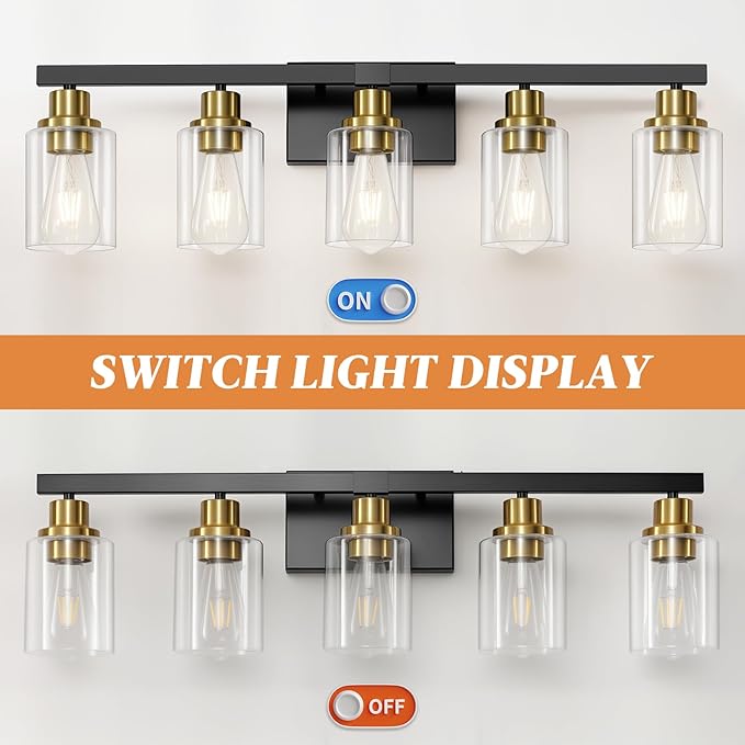 DIKAIDA 5-Light Black and Gold Bathroom Vanity Light, Bathroom Light Fixtures