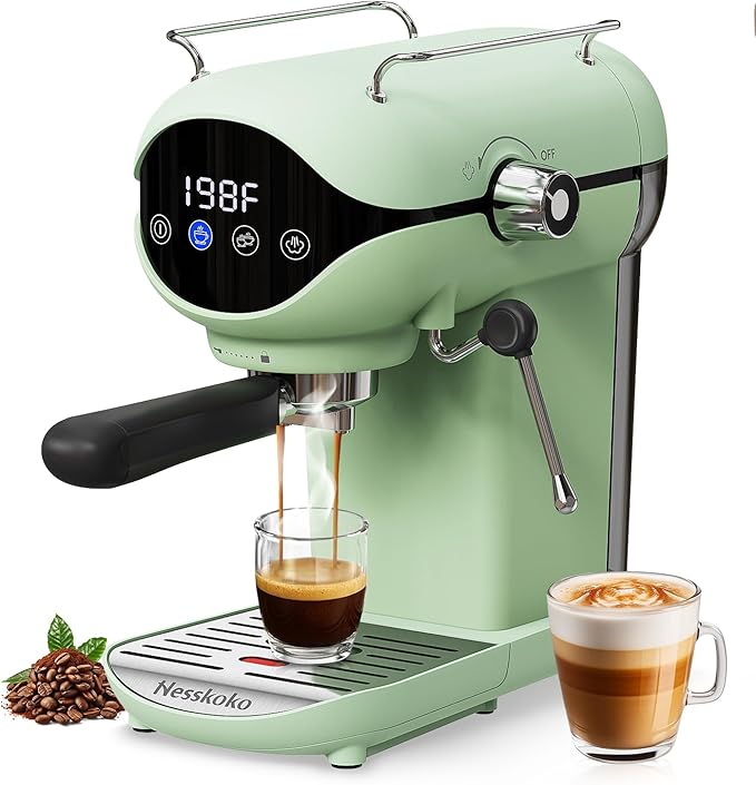 Espresso Machine with Steam Milk Frother Semi Automatic 20 Bar Compact Green