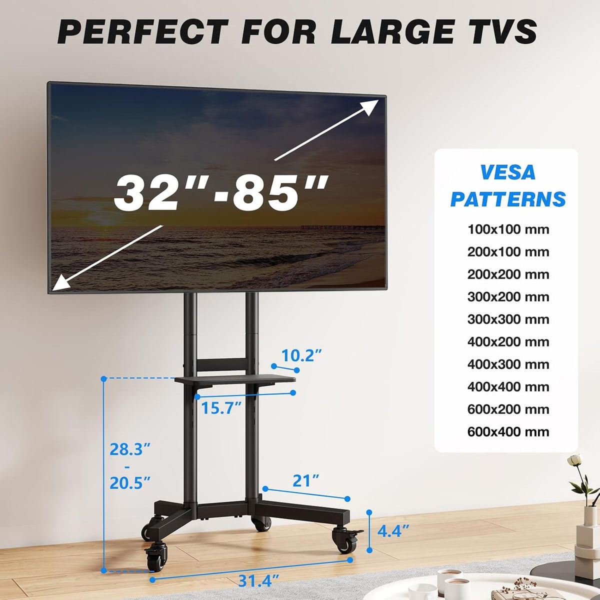Portable Rolling TV Stand with Shelf for 32-85 in TVs up to 150 lbs