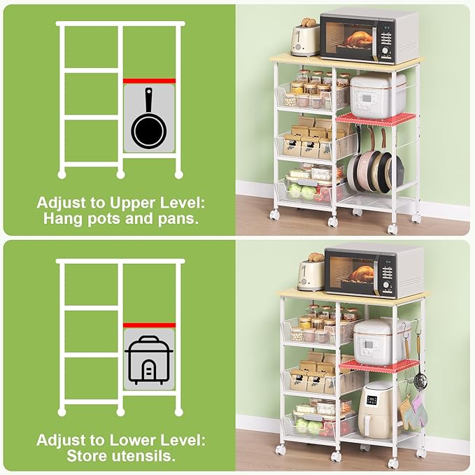 Rolling Kitchen Storage Microwave Cart & Kitchen Island on Wheels, Adjust...