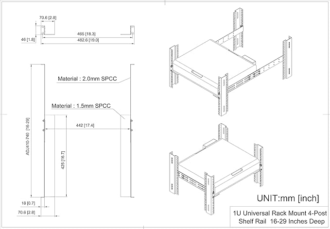 QiaoYoubang 1U Universal Rack Mount Rails- 4-Post Server Rack Shelf Rail 16-29