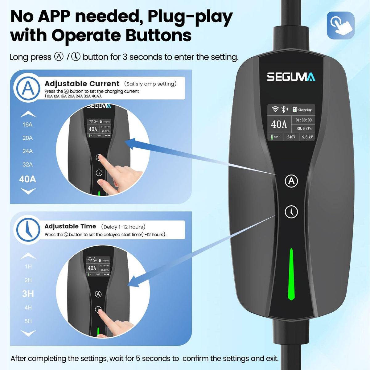 SEGUMA Level 2 EV Charger, 40A Wi-Fi/App ETL Certified for J1772 BEVs/PHEVs