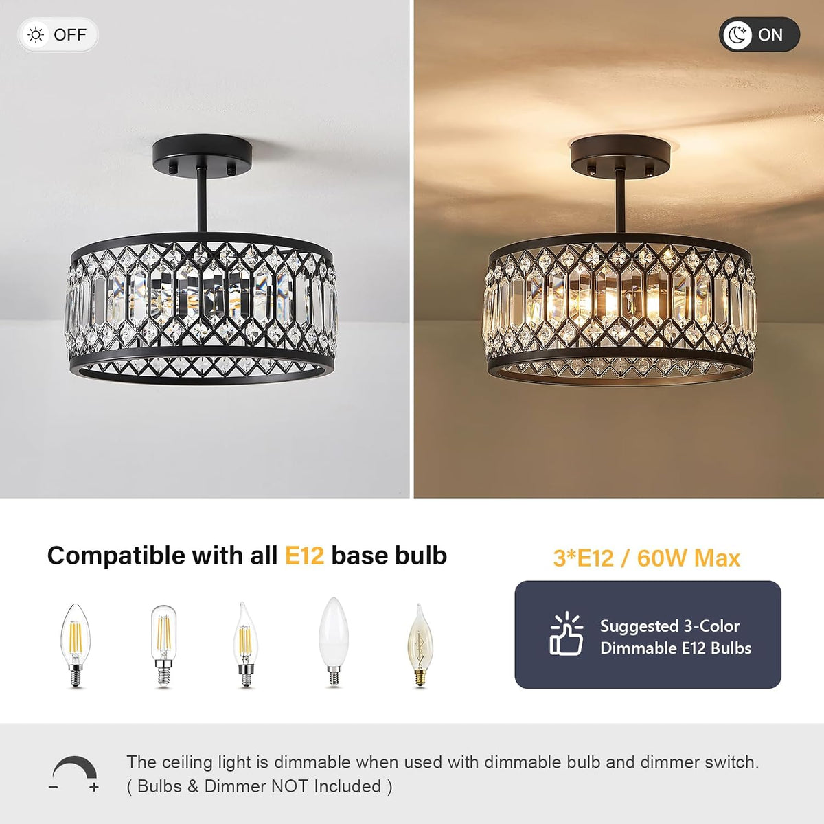Pevfah Crystal Black Ceiling Light, 3-Light Semi Flush Light Fixture, 12 in