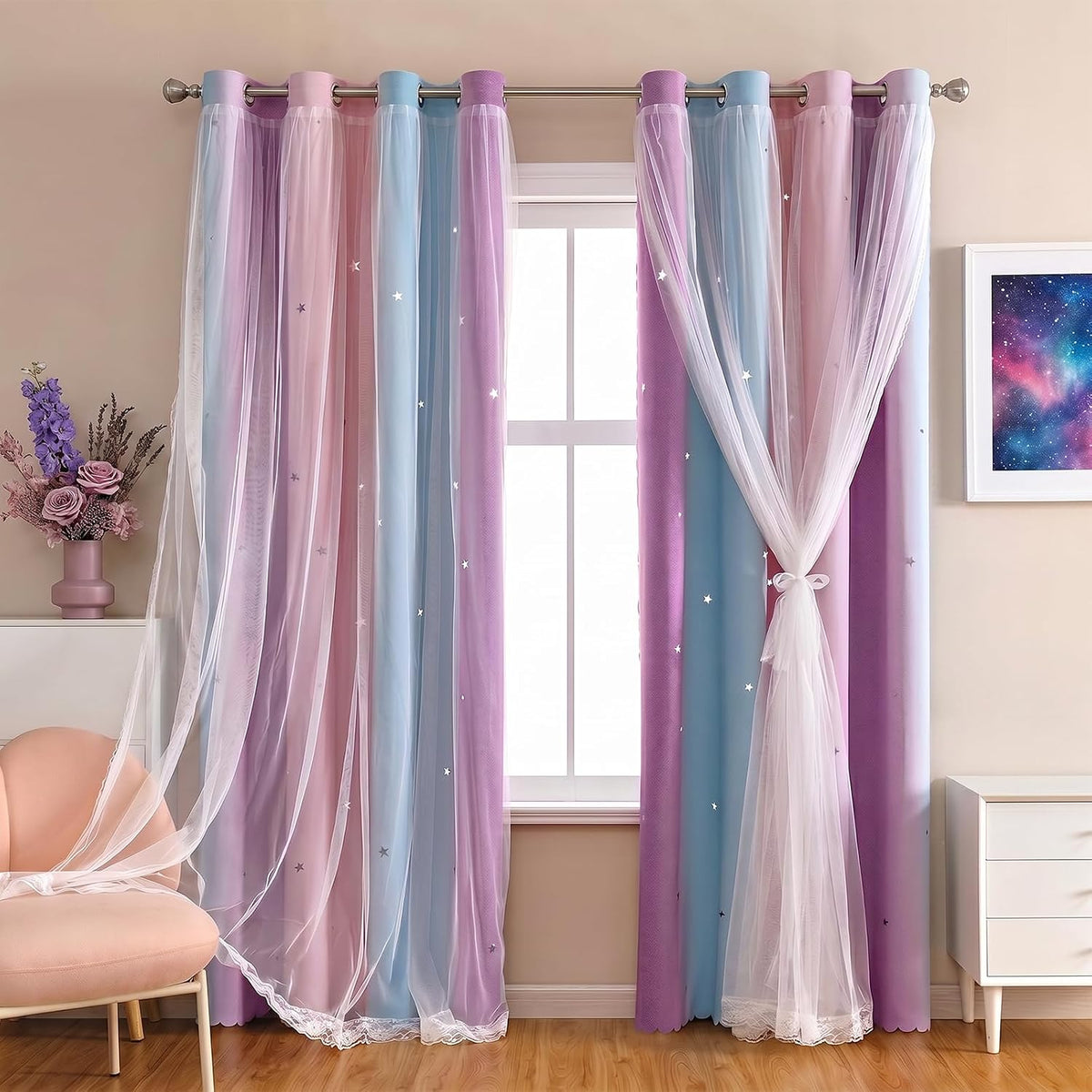 Star Cutout Blackout Curtains, Pink Purple Blue, W52 x L63 Inch | 2 Panels, O...