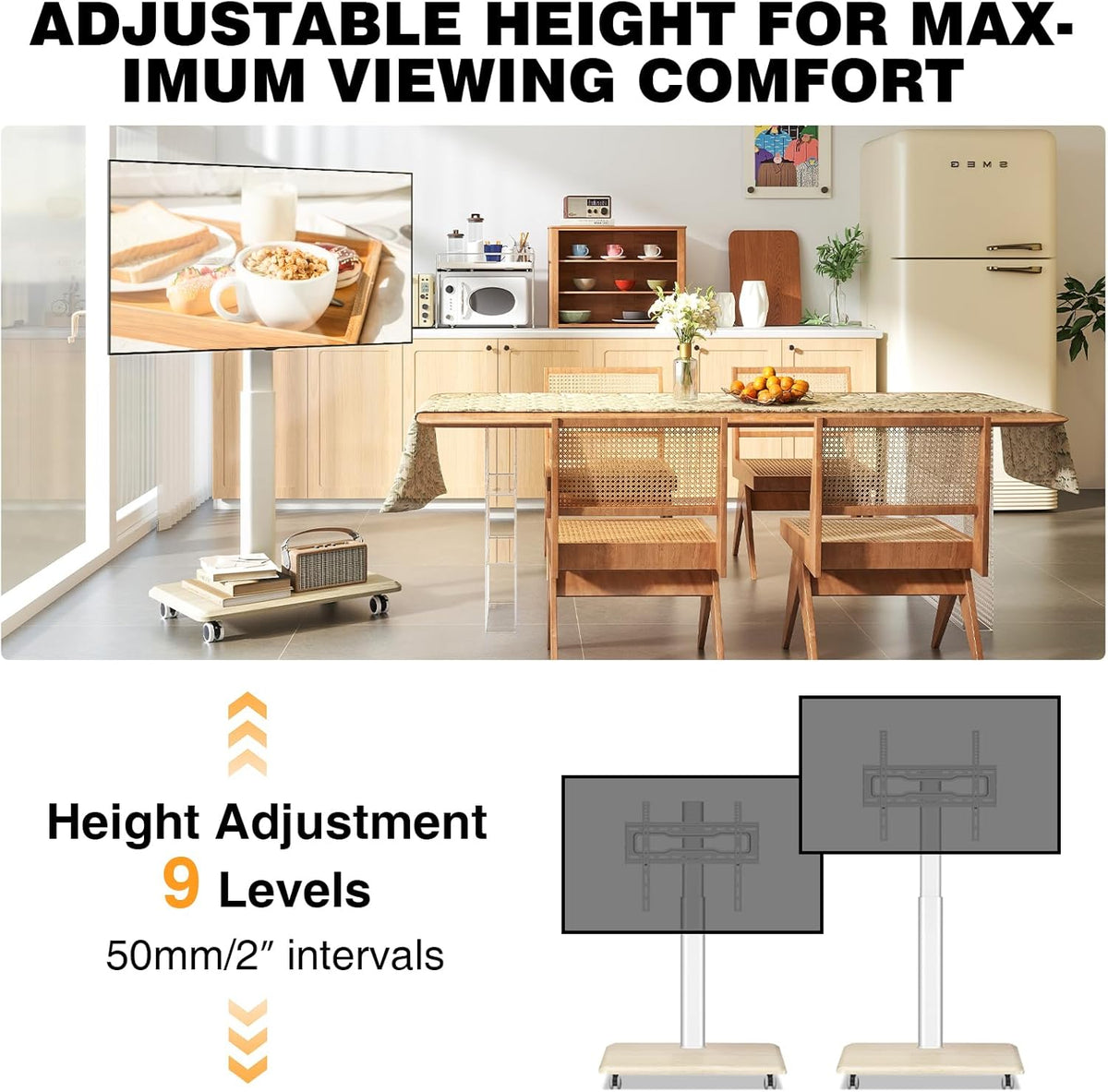 TVON Rolling TV Stand for 32-70 Inch TVs,Elegant Floor TV Stand with Wheels