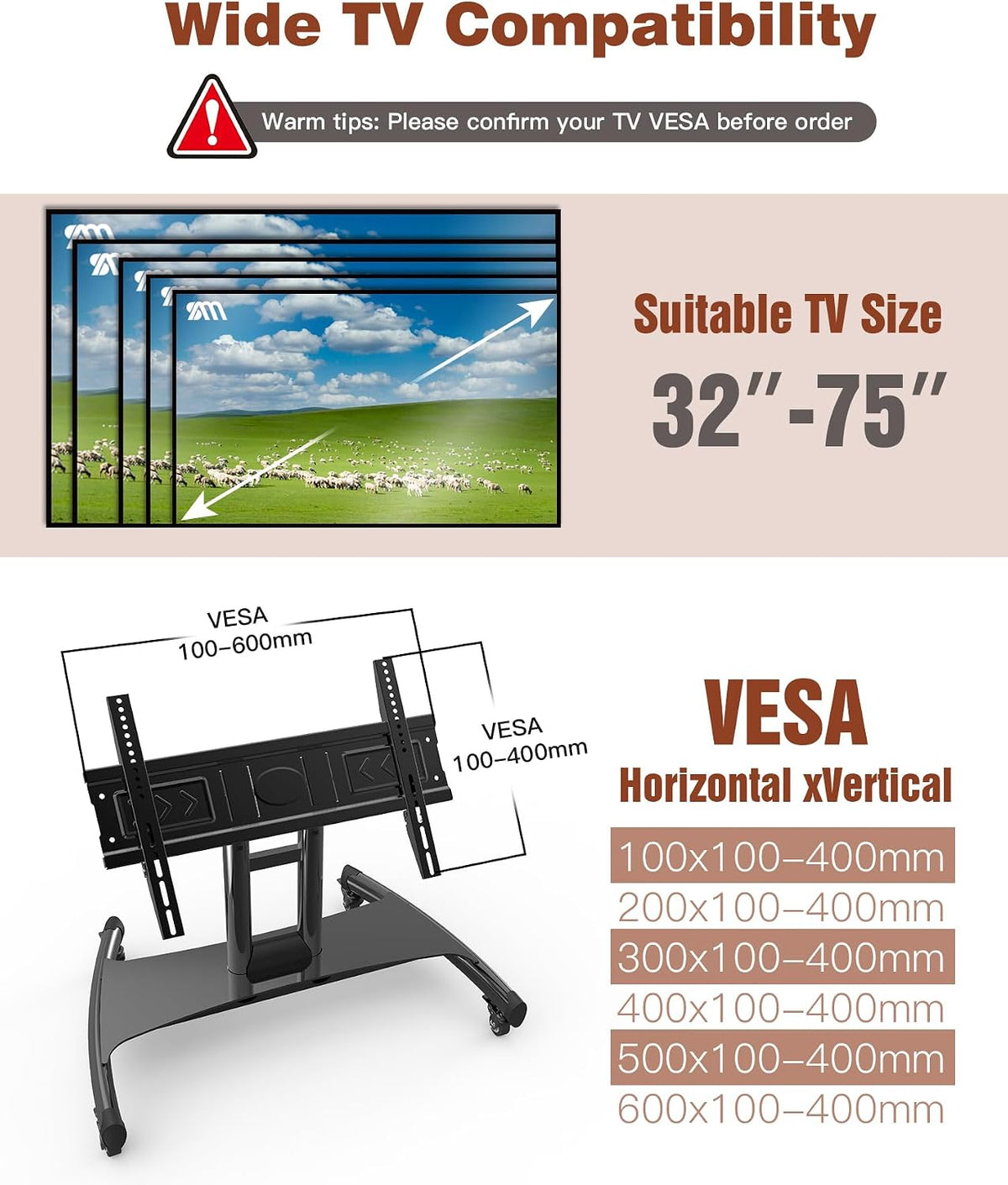 Rolling TV Stand, Portable Mobile Floor Confidence Monitor Stand on Wheels