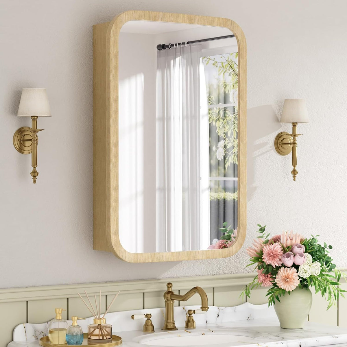 16x24 Inch Wood Medicine Cabinet with Mirror for Bathroom, Oak