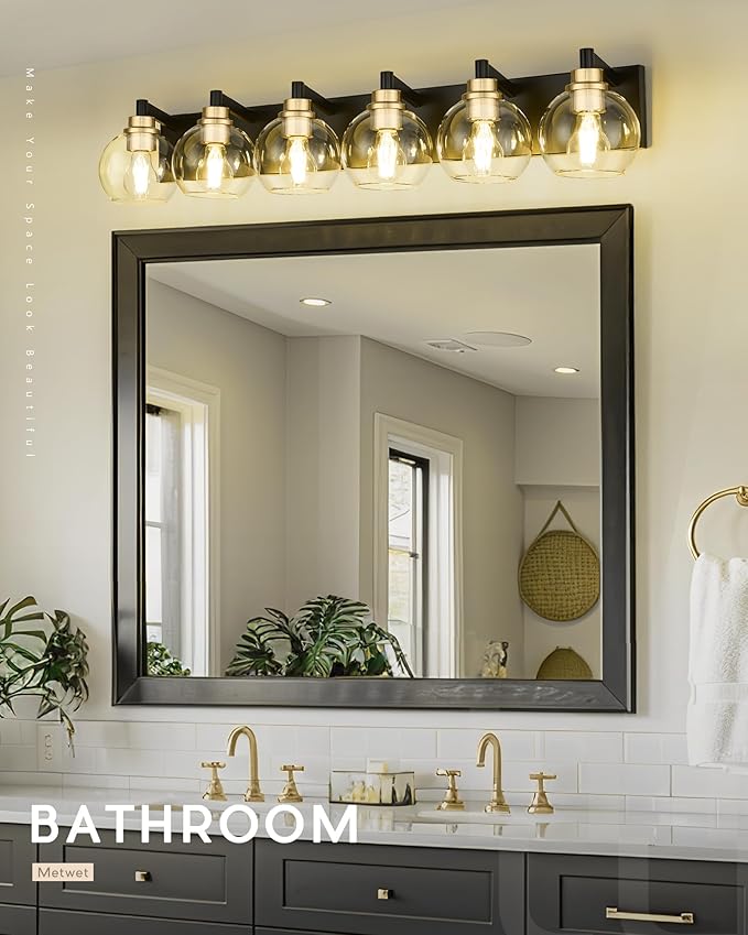 METWET Bathroom Light Fixtures, 6-Light Black and Gold Bathroom Vanity Light