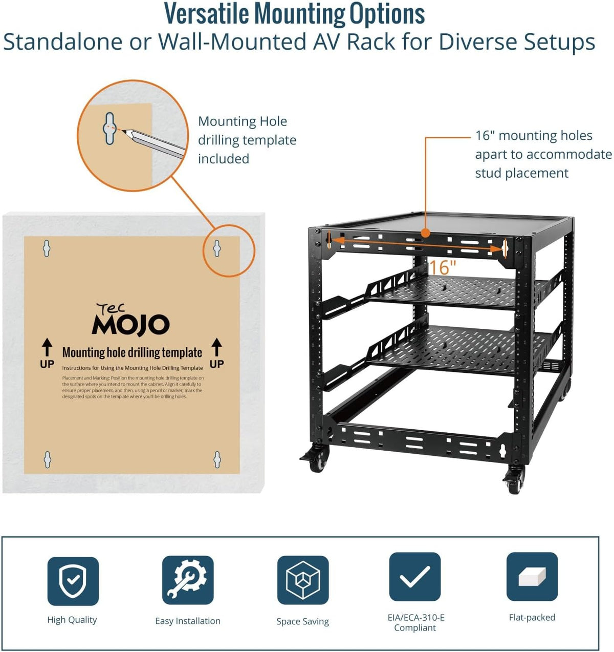 TECMOJO 12U Open Frame Network Rack for IT & AV Gear, 4-Post With Casters...