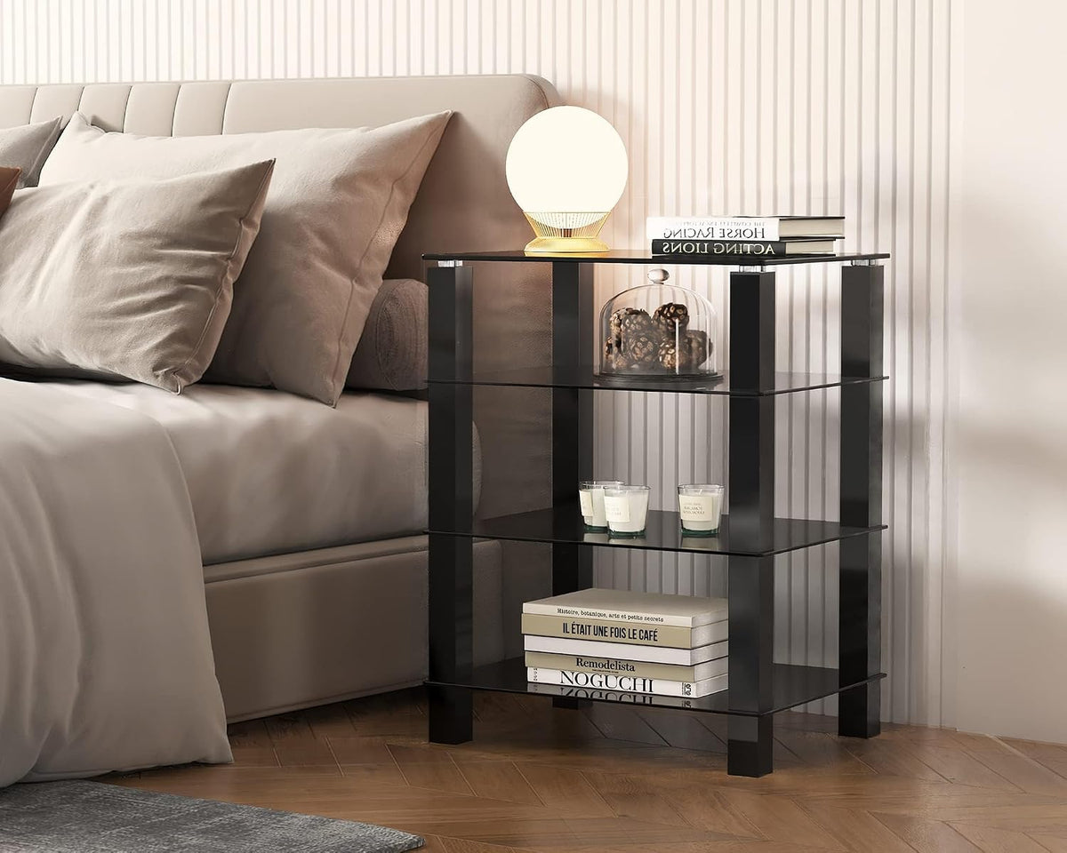 FITUEYES 4-Tier Media Stand Audio with Tempered Glass Shelves, Black