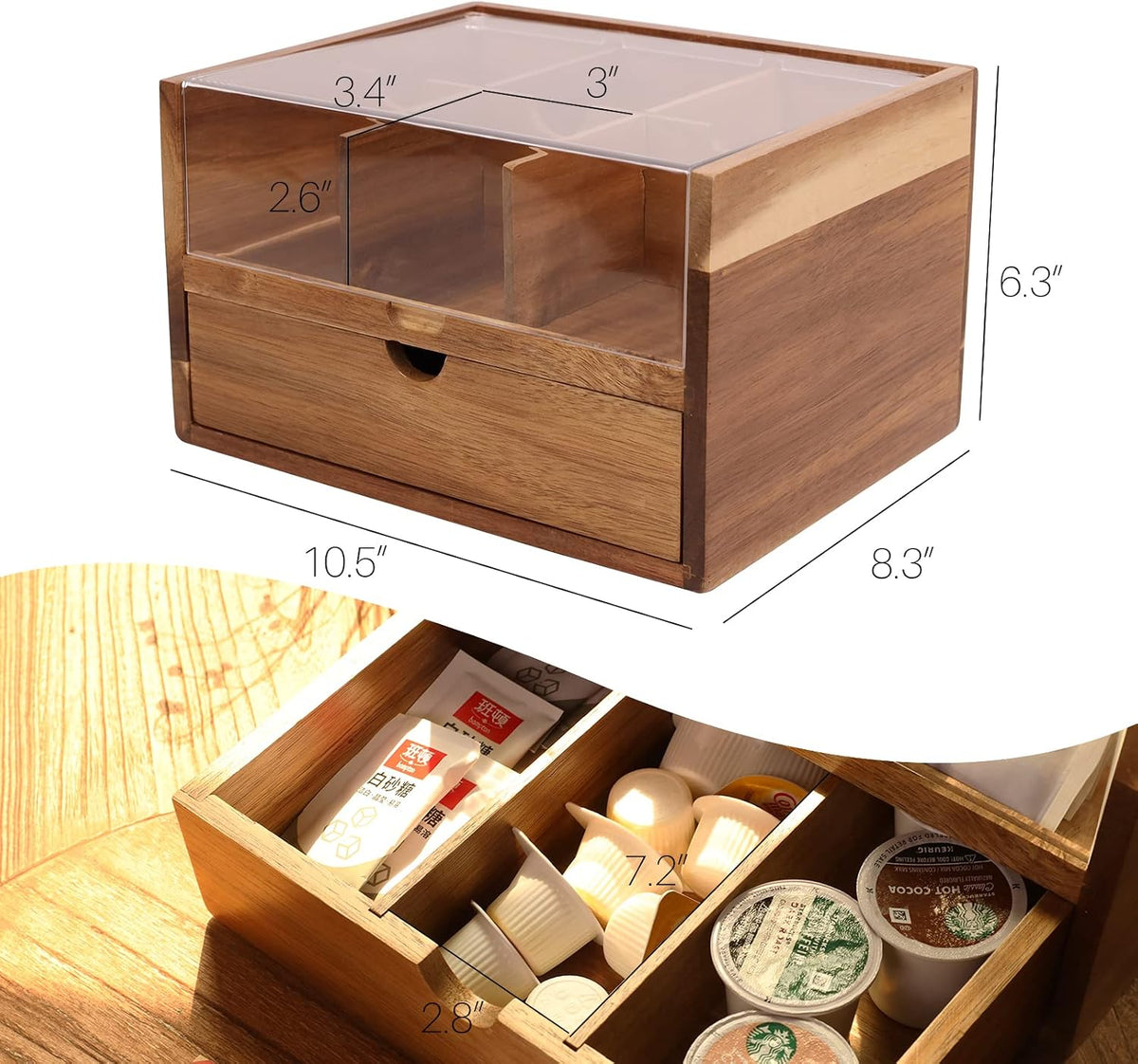 HTB Acacia Wood Tea Organizer 2 Tier with Drawer,Large Capacity