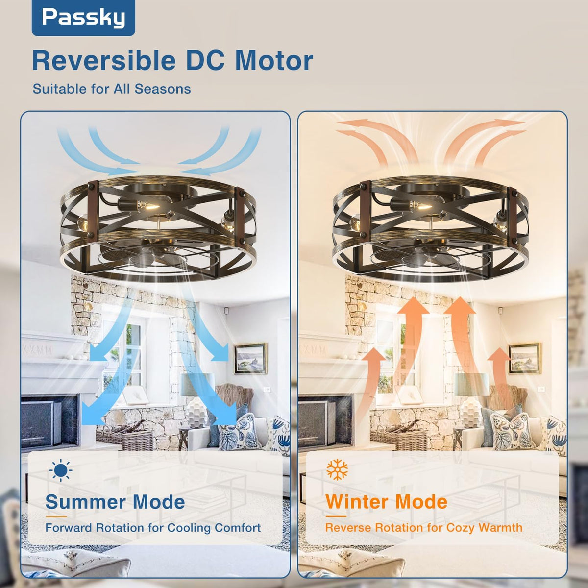 Passky 20" Caged Ceiling Fans with Lights and Remote, Low Profile Fandelier