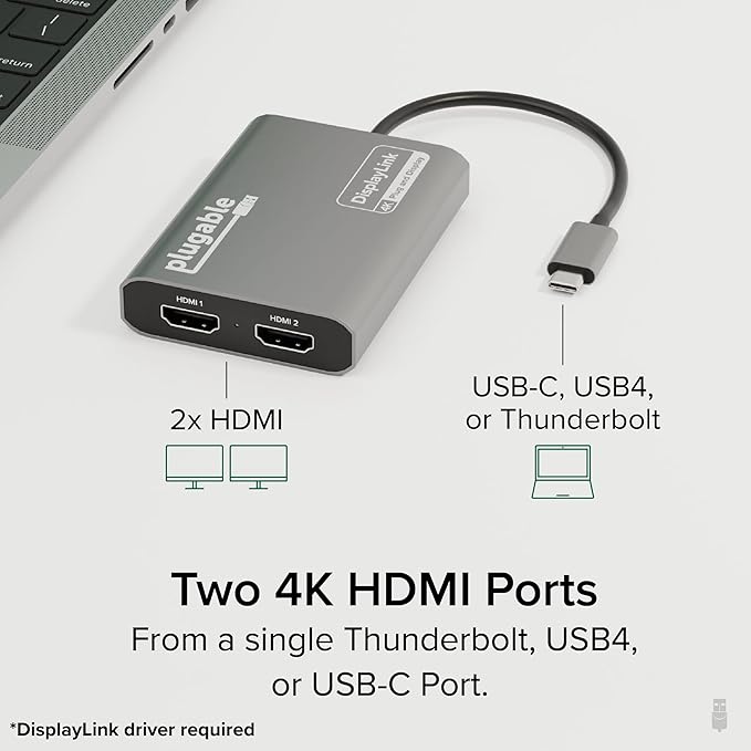 Plugable USB C to HDMI Adapter, Dual Monitor 4K 60Hz