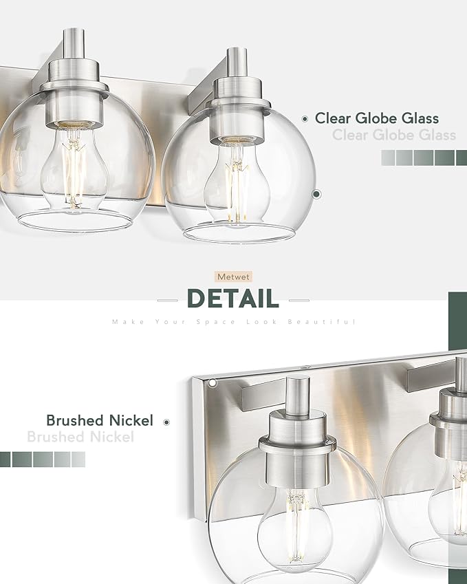 METWET Bathroom Light Fixtures, 3-Light Brushed Nickel Vanity Light, Modern