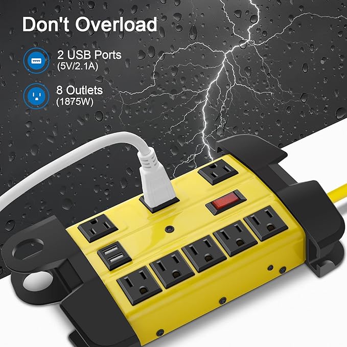 Heavy Duty Power Strip with USB, Workshop 8 Outlet Surge Protector 2700 Joules