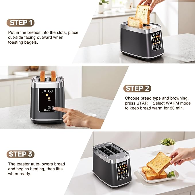 Mecity 2 Slice Toaster with Touch Screen & Auto Lift, Stainless Steel