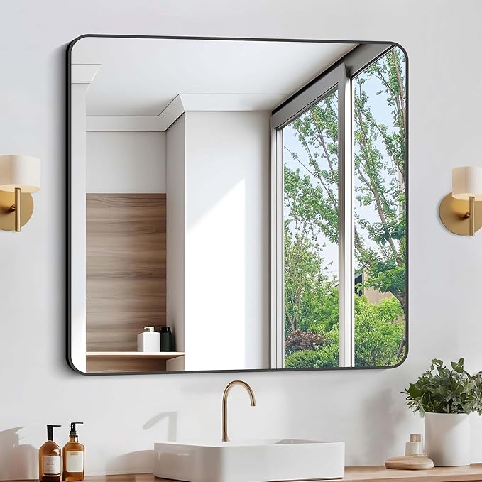 Bathroom Mirror, Metal Frame Rounded Corner Vanity Mirror, Large Wall Mounted