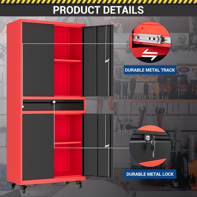 73" Metal Cabinet-Black & Red Heavy Duty Rolling Storage Cabinet Ste...
