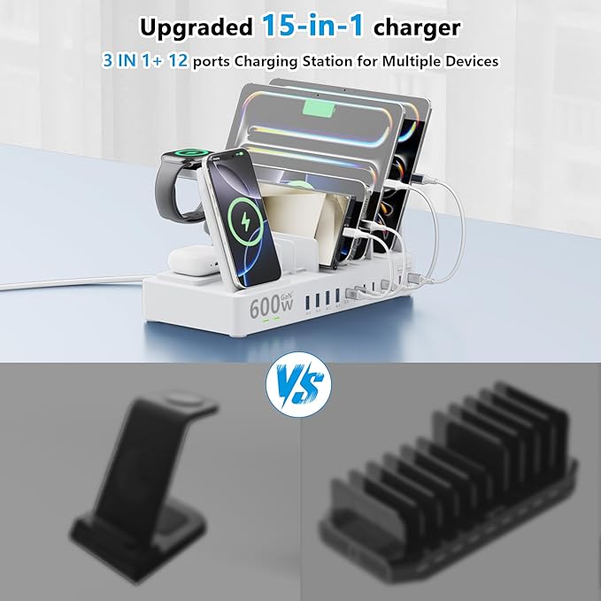 600w Charging Station for Multiple Devices, 15 in 1 Wireless Charger