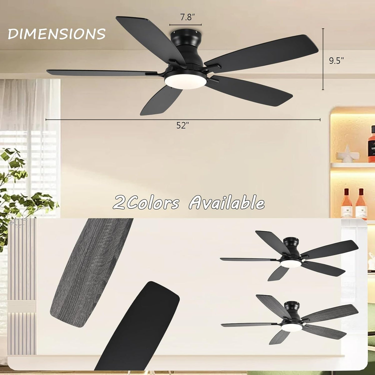 JSAITEE Ceiling Fans with Lights, 52 Inch Low Profile Ceiling Fan with Light ...