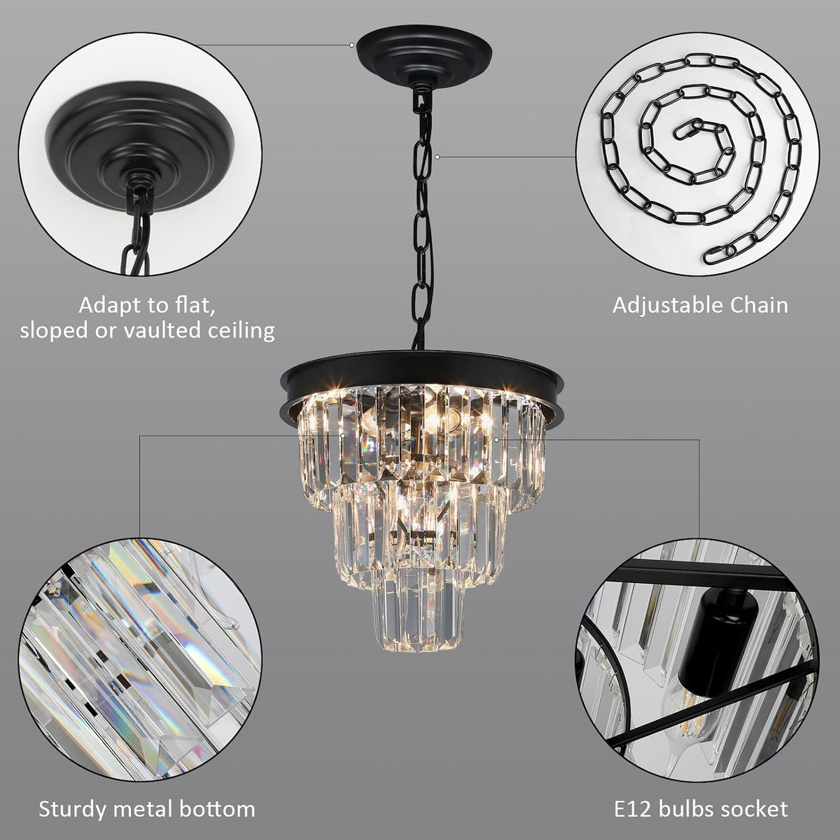 Weesalife Black Crystal Chandeliers for Dining Room,4-Lights D12 Inch