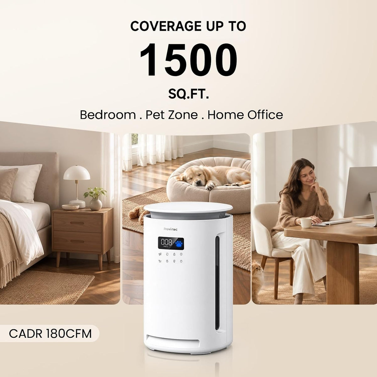 Provirtec Pet Air Purifier for Home with H13 HEPA, 2 Washable Pre-Filters