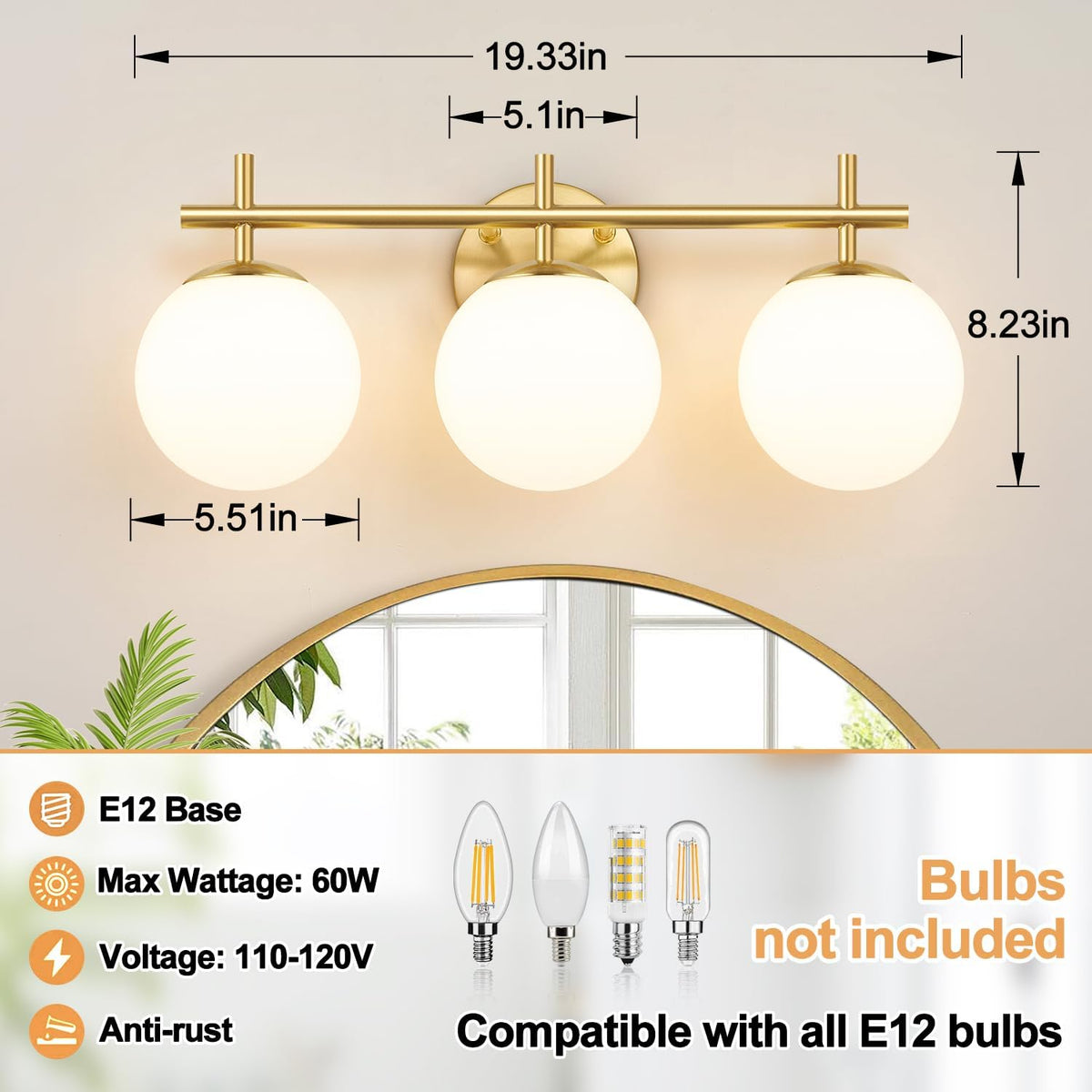 3-Light Bathroom Light Fixtures, Brushed Gold Vanity Lights for Bathroom with...