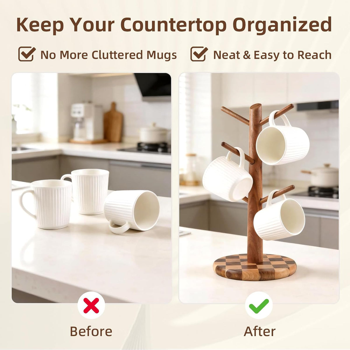Natural Wood Mug Holder for Counter Top, Acacia Wood Coffee Mug Tree