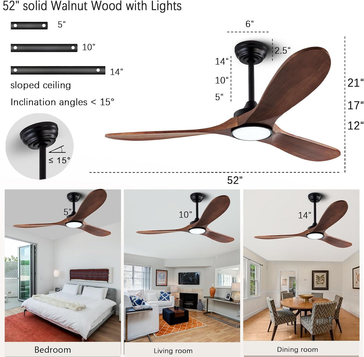 QUTWOB New Ceiling Fan With Light (Black+Dark Walnut, 52 inch, With Light)