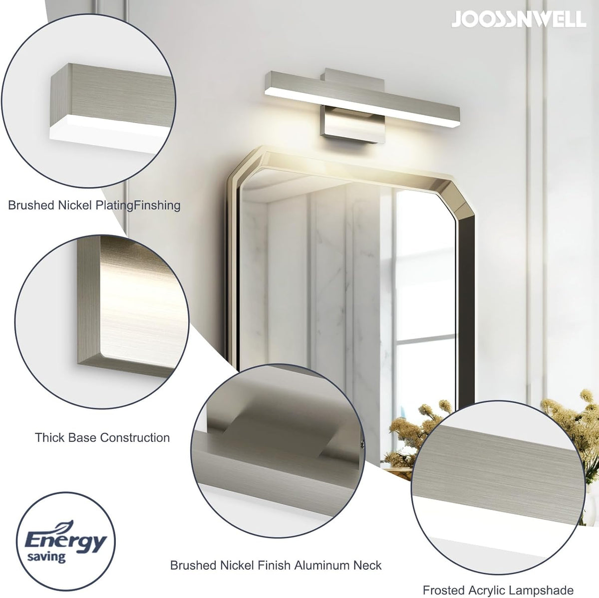 Joossnwell Bathroom Light Fixtures Brushed Nickel Vanity Lights Bar 5cct Dimm...
