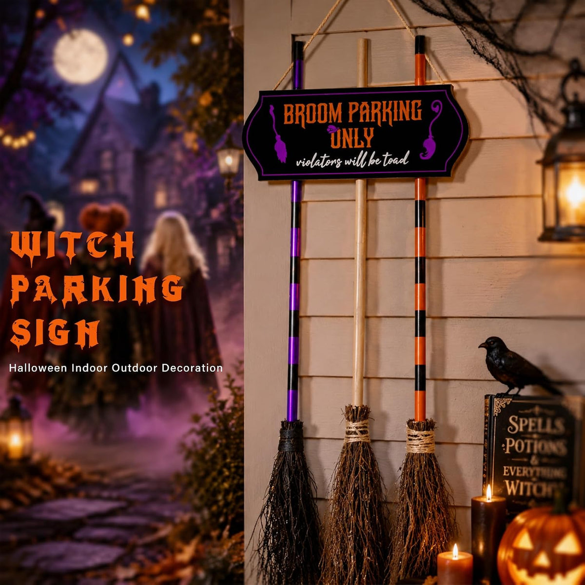 Halloween Broom Parking Sign with 3 Wooden Witch Brooms