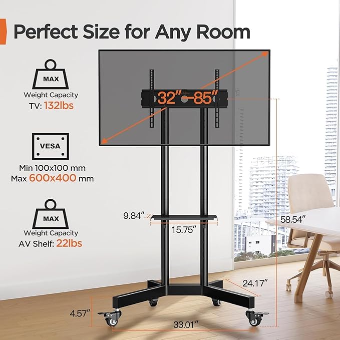 Perlegear Rolling TV Stand, Mobile TV Stand on Wheels