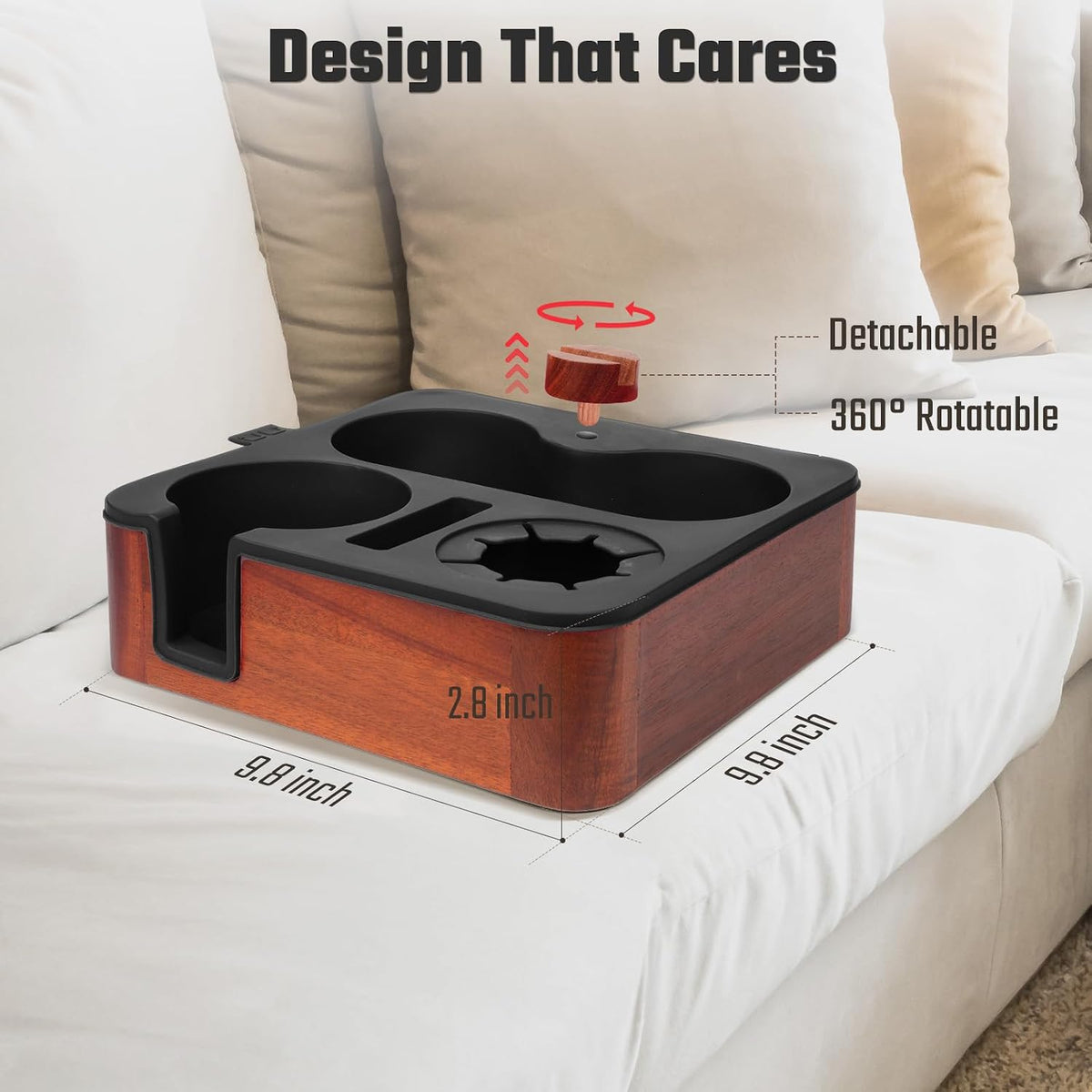 Couch Cup Holder Tray, Real Acacia Wooden Caddy with Soft Silicone, Snack and...