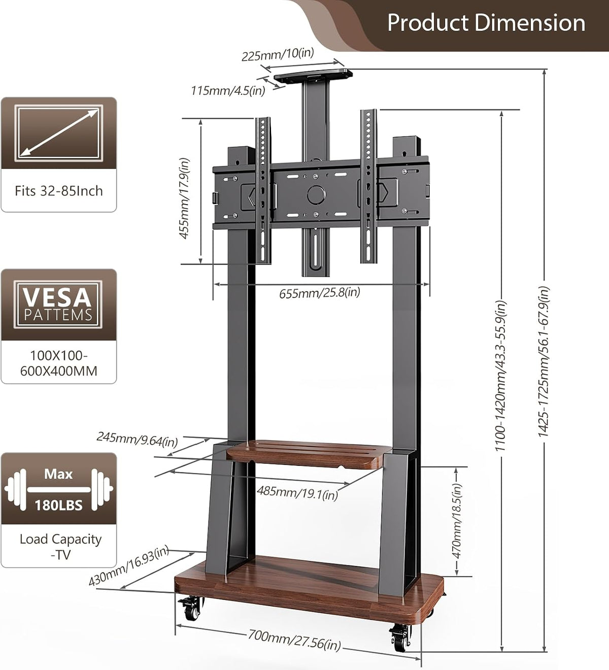Height Adjustable Mobile TV Stand for 32-75" TVs,180 lbs Black