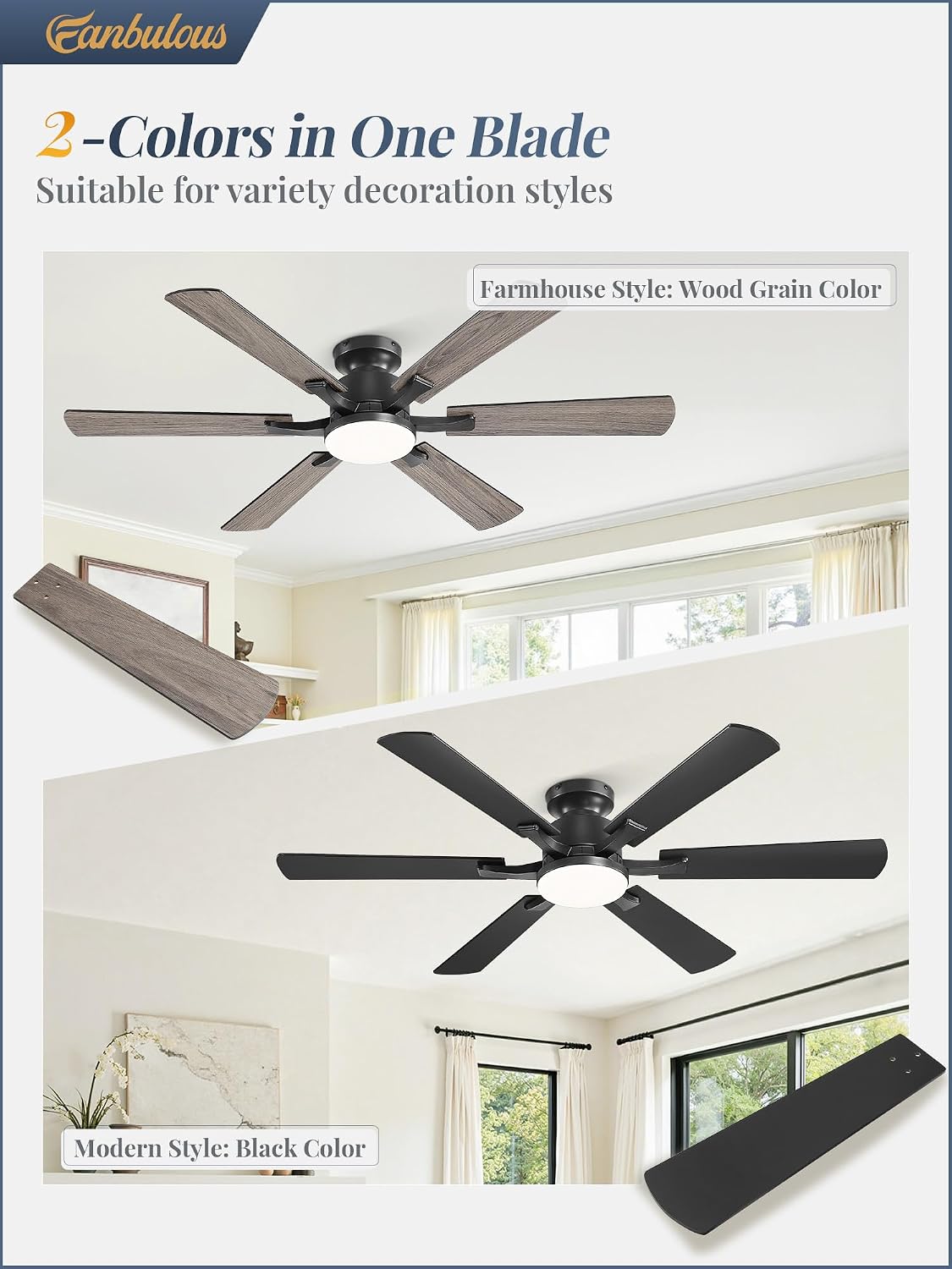 Fanbulous 52 Inch Flush Mount Ceiling Fan with 3000-6000K Dimmable Lights