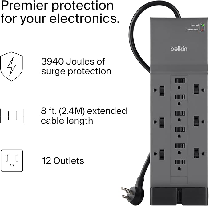 Belkin 12-Outlet Surge Protector Power Strip w/ 12 AC Outlets & 8ft Flat ...