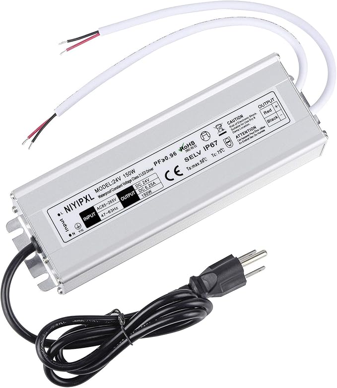 LED Driver 150 Watts 24V DC Low Voltage Transformer, Waterproof IP67 LED Power