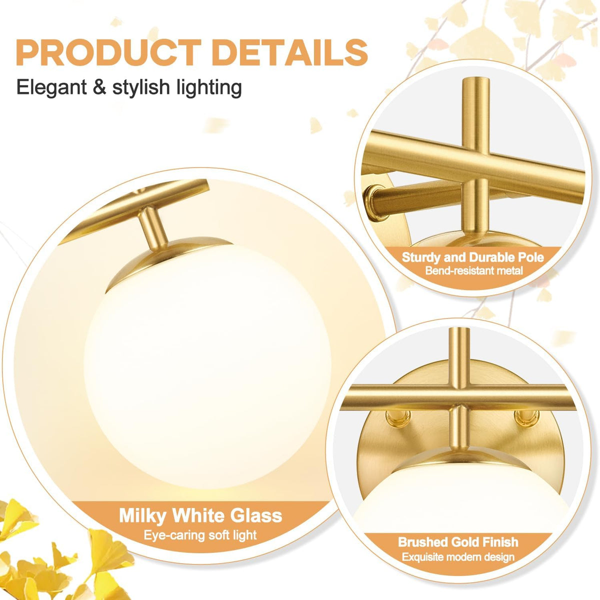 3-Light Bathroom Light Fixtures, Brushed Gold Vanity Lights for Bathroom with...