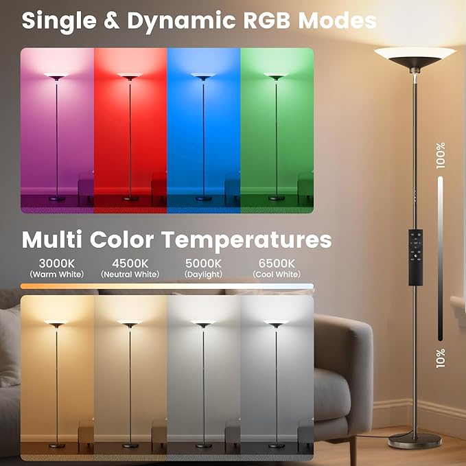 SIBRILLE RGB Torchiere Floor Lamp - 30W Dimmable LED Standing Lamp