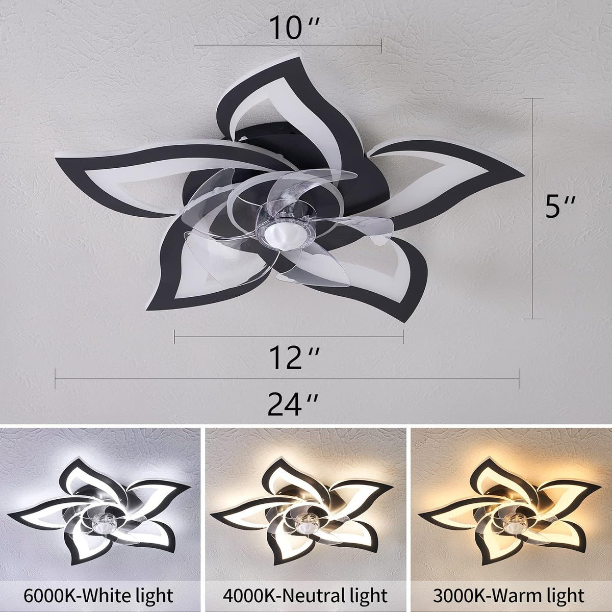 Dalouguan 24" Black Flower Ceiling Fan with Lights Remote Control, LED D...