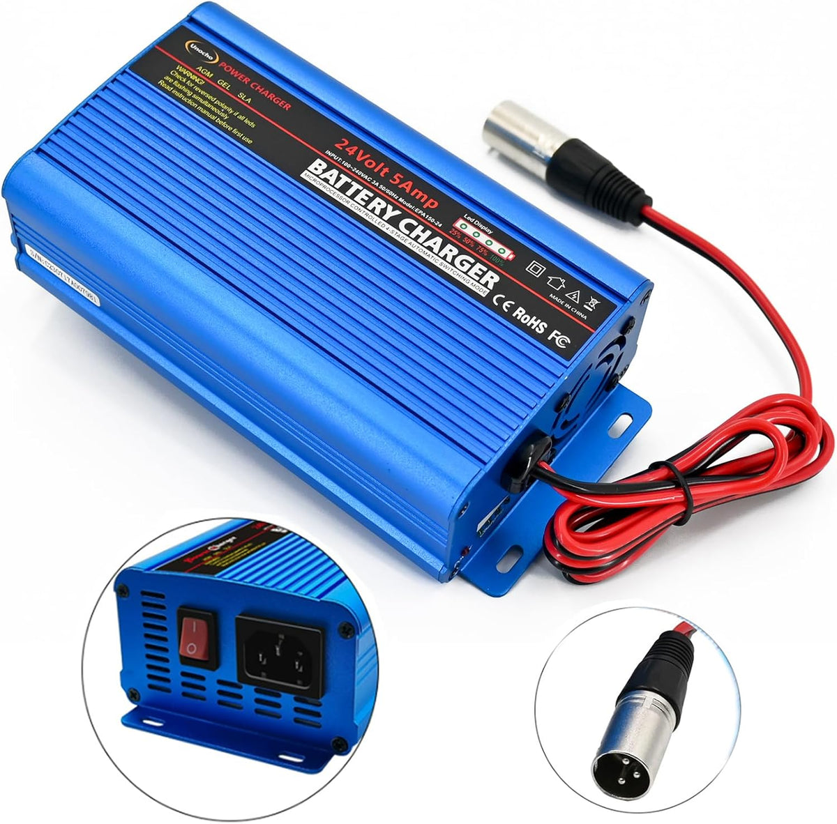 Unocho 24V 5A Battery Charger 4-Stage Smart Lead-Acid Charger with 3-Pin XLR ...