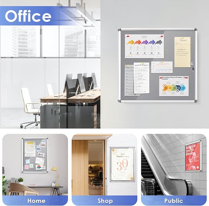 SWANCROWN Enclosed Bulletin Board 24x18 in, Tamperproof Lockable Grey Felt