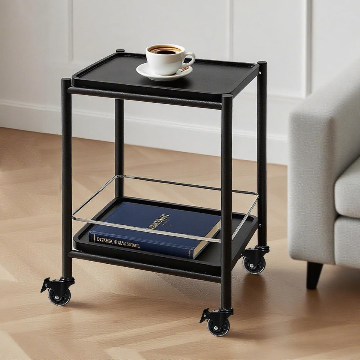 Acacia Wood Rolling Side Table, 2-Tier with Lockable Wheels & Removable T...