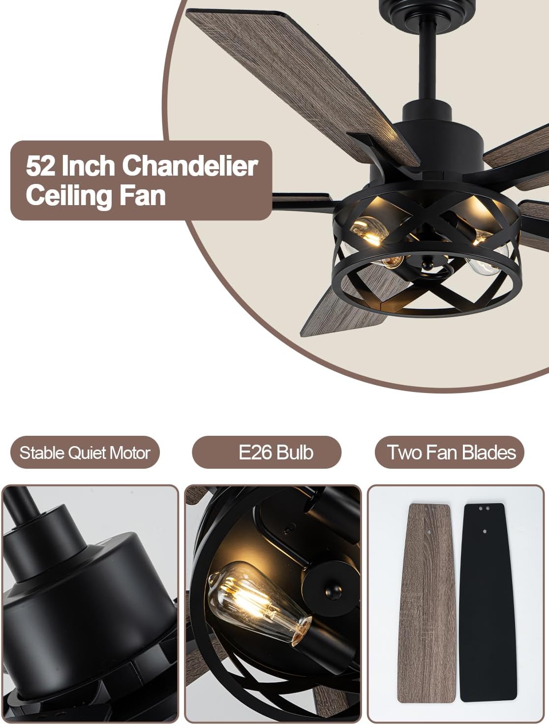 52" Farmhouse Rustic Caged Chandelier Fan with Light