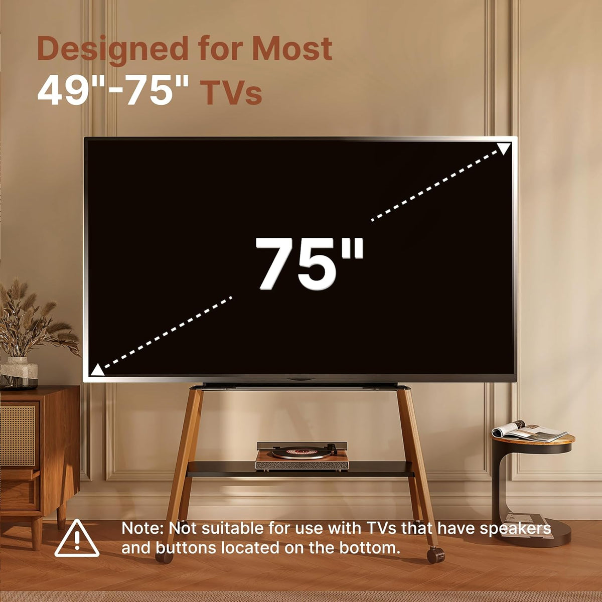 Rolling Easel TV Stand for 49-75" TVs, 88 lbs, Black