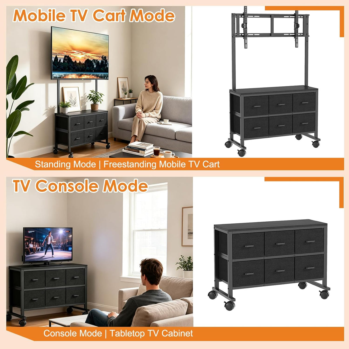 Portable Mobile TV Cart Rolling TV Stand with 6 Drawers for 23-72 in TV
